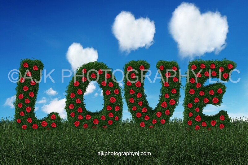 Valentines Day digital background, love letters, bush letters with red roses, heart shaped clouds, blue sky, digital backdrop