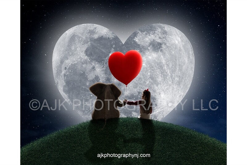 Valentines Day digital background, an elephant sitting on a grassy hill holding a red heart shaped balloon in front of a heart shaped moon digital backdrop Valentines Day digital background, an elephant sitting on a grassy hill holding a red heart shaped balloon in front of a heart shaped moon digital backdrop