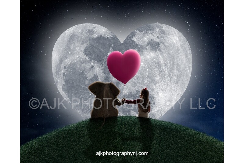 Valentines Day digital background, an elephant sitting on a grassy hill holding a pink heart shaped balloon in front of a heart shaped moon digital backdrop Valentines Day digital background, an elephant sitting on a grassy hill holding a pink heart shaped balloon in front of a heart shaped moon digital backdrop