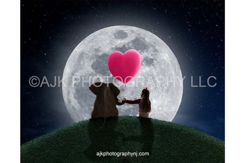 Valentines Day digital background, an elephant sitting on a grassy hill holding a pink heart shaped balloon in front of a large moon digital backdrop Valentines Day digital background, an elephant sitting on a grassy hill holding a pink heart shaped balloon in front of a large moon digital backdrop