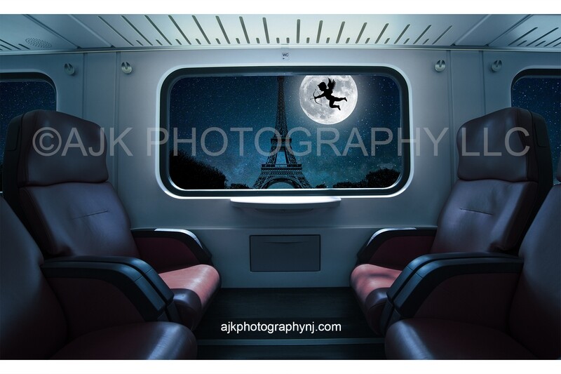 Valentine window digital backdrop, cupid flying across the moon next to the Eiffel Tower in Paris, view from a train window, cherub backdrop Valentine window digital backdrop, cupid flying across the moon next to the Eiffel Tower in Paris, view from a train window, cherub backdrop