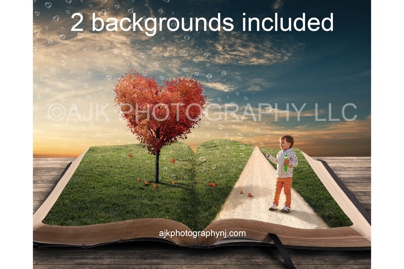 Valentines Day digital background, heart shaped tree and heart shaped bubbles, grass field and path inside giant open book, digital backdrop Valentines Day digital background, heart shaped tree and heart shaped bubbles, grass field and path inside giant open book, digital backdrop