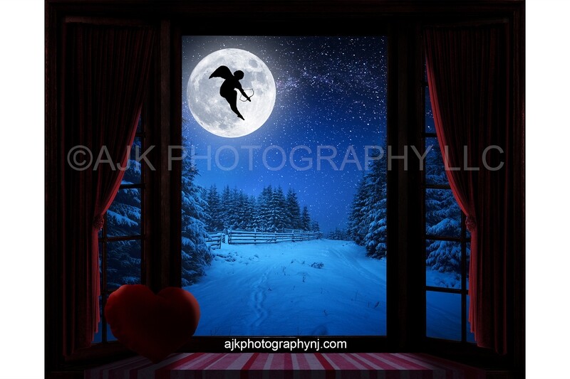 Valentines Day digital background, cupid flying across moon, large bay window, window seat, red heart pillow, red curtains, digital backdrop Valentines Day digital background, cupid flying across moon, large bay window, window seat, red heart pillow, red curtains, digital backdrop