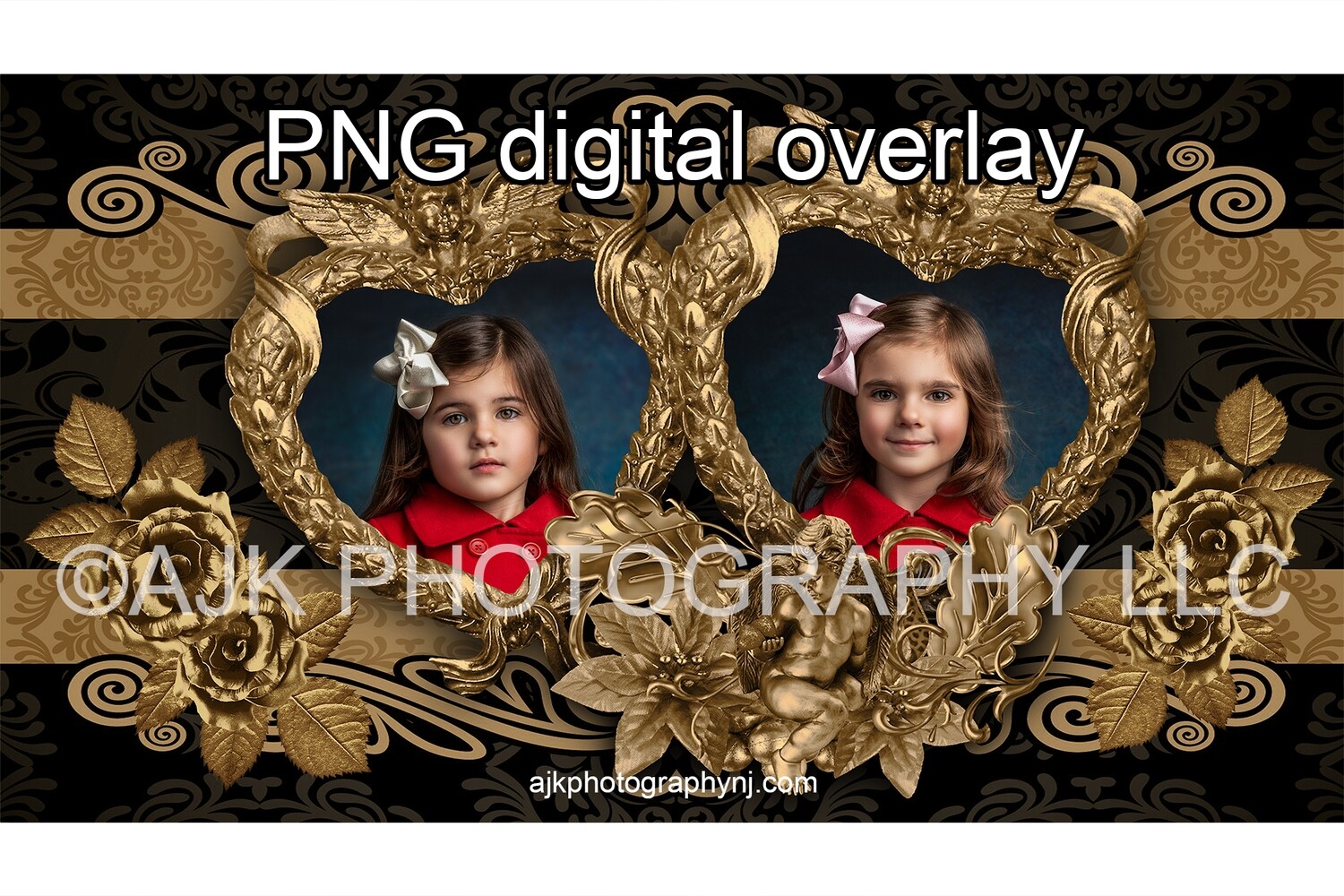 Valentine digital backdrop, gold heart shaped frame, PNG template, PNG overlay, digital background