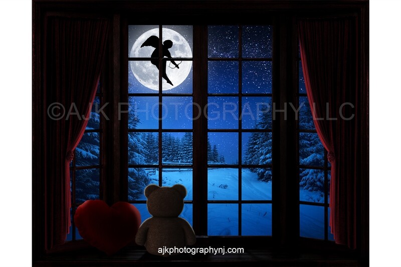 Valentines Day digital background, cupid flying across moon, large bay window, window seat, red heart pillow, red curtains, teddy bear digital backdrop version #4 Valentines Day digital background, cupid flying across moon, large bay window, window seat, red heart pillow, red curtains, teddy bear digital backdrop version #4