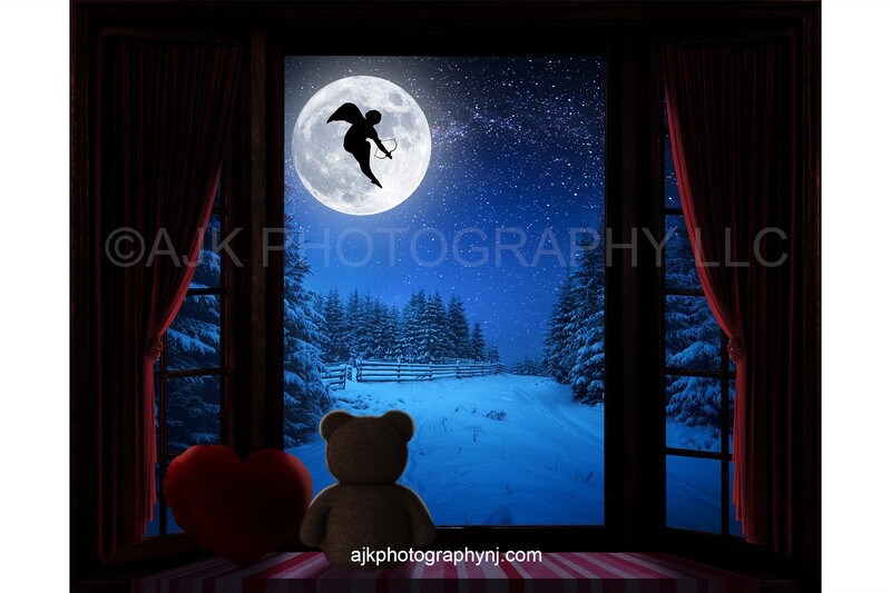 Valentines Day digital background, cupid flying across moon, large bay window, window seat, red heart pillow, red curtains, teddy bear digital backdrop version #3 Valentines Day digital background, cupid flying across moon, large bay window, window seat, red heart pillow, red curtains, teddy bear digital backdrop version #3