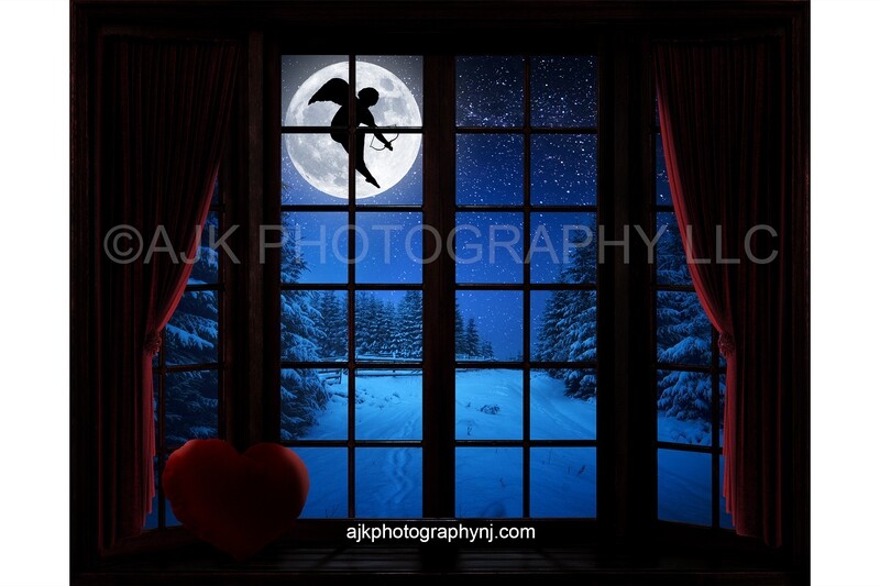 Valentines Day digital background, cupid flying across moon, large bay window, window seat, red heart pillow, red curtains, digital backdrop version #2 Valentines Day digital background, cupid flying across moon, large bay window, window seat, red heart pillow, red curtains, digital backdrop version #2
