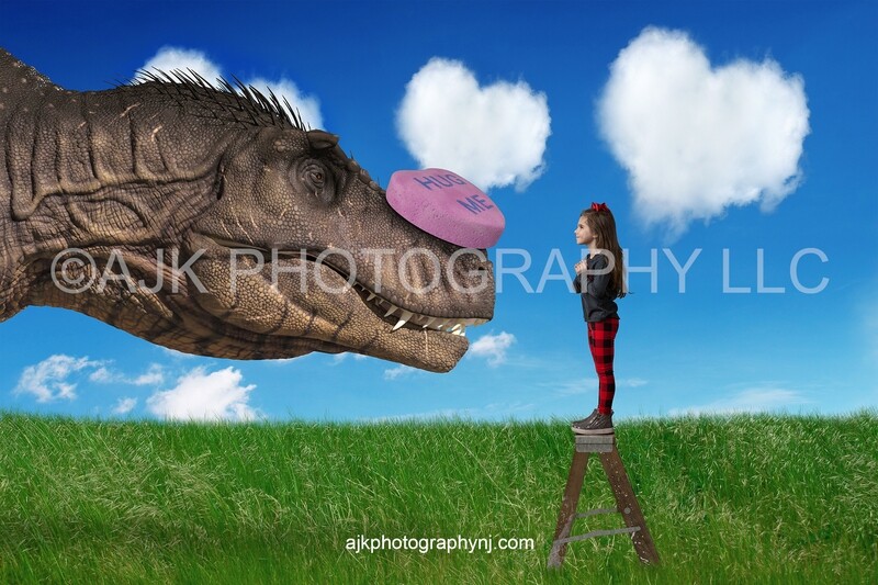 Valentines Day digital background, T-Rex with candy heart on nose, step stool in field, blue sky and heart clouds, dinosaur digital backdrop Valentines Day digital background, T-Rex with candy heart on nose, step stool in field, blue sky and heart clouds, dinosaur digital backdrop