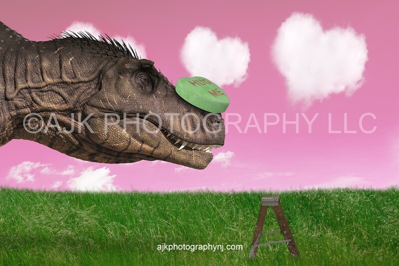 Valentines Day digital background, T-Rex with candy heart on nose, step stool in field, pink sky and heart clouds, dinosaur digital backdrop Valentines Day digital background, T-Rex with candy heart on nose, step stool in field, pink sky and heart clouds, dinosaur digital backdrop