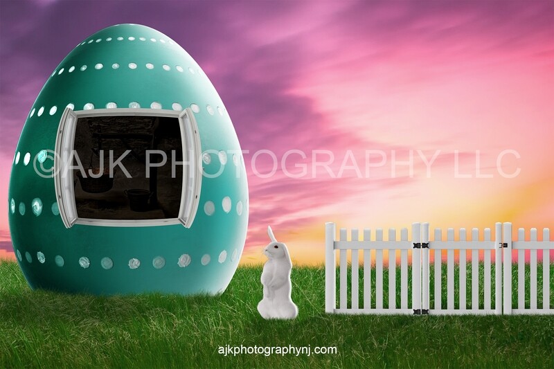 Easter digital background, Easter bunny in field, Easter egg house with open window, pink sunset, white picket fence, digital backdrop Easter digital background, Easter bunny in field, Easter egg house with open window, pink sunset, white picket fence, digital backdrop