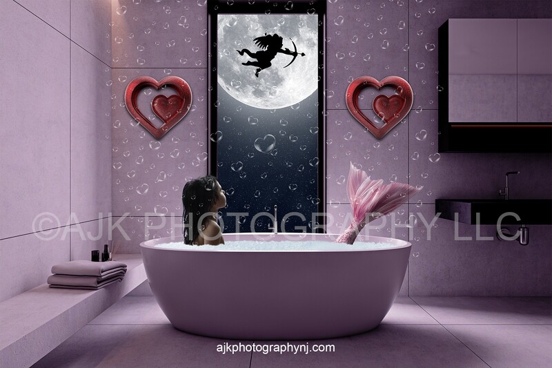 Valentines Day window digital backdrop, mermaid digital backdrop, cupid in front of moon, pink tail, floating bubbles, digital background Valentines Day window digital backdrop, mermaid digital backdrop, cupid in front of moon, pink tail, floating bubbles, digital background