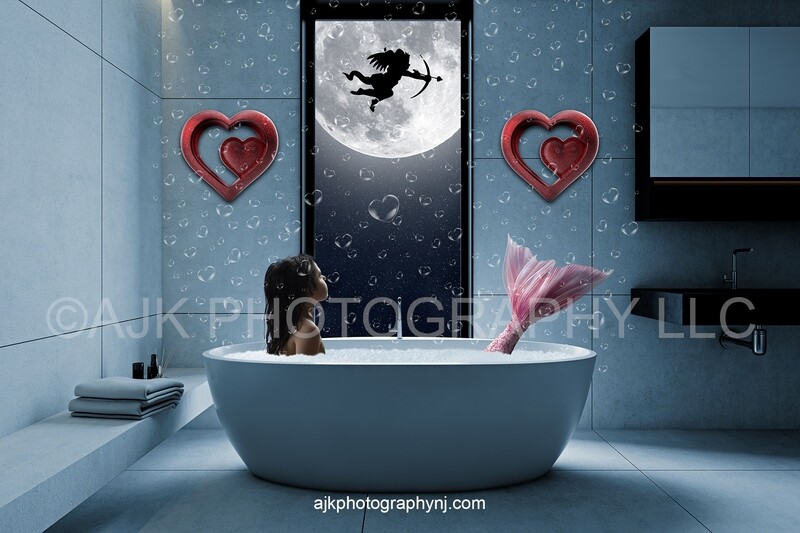 Valentines Day window digital backdrop, mermaid digital backdrop, cupid in front of moon, pink tail, floating bubbles, blue bathroom, digital background Valentines Day window digital backdrop, mermaid digital backdrop, cupid in front of moon, pink tail, floating bubbles, blue bathroom, digital background