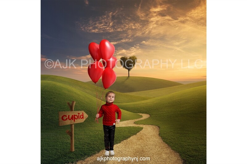 Valentines Day digital background, wood sign showing path to cupid, green field, beautiful sunset, heart shaped tree, digital backdrop Valentines Day digital background, wood sign showing path to cupid, green field, beautiful sunset, heart shaped tree, digital backdrop