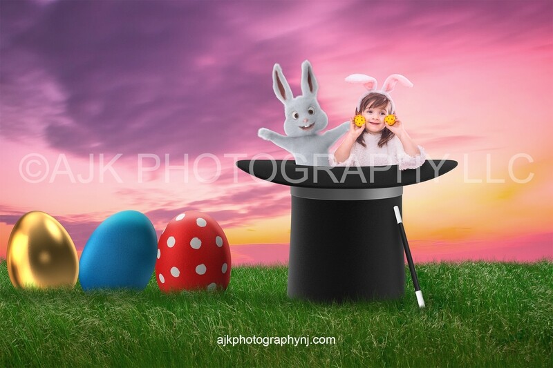 Easter digital background, Easter bunny in a magic hat, grassy field, giant Easter eggs, magic wand, pink sunset, digital backdrop
