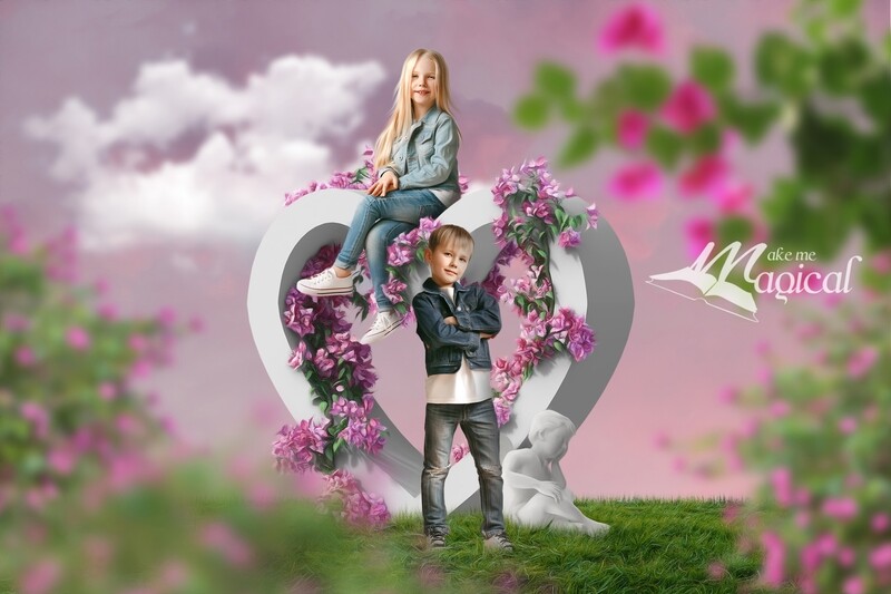 Valentines Day digital backdrop heart shaped statue covered in pink flowers with stone cherub cupid in a pretty floral garden Makememagical Valentines Day digital backdrop heart shaped statue covered in pink flowers with stone cherub cupid in a pretty floral garden Makememagical