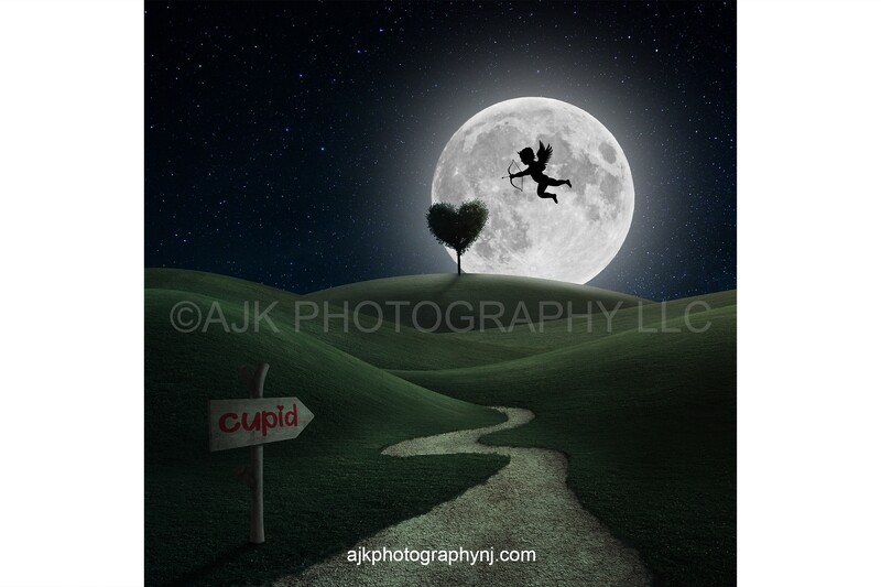 Valentines Day digital background, wood sign showing path to cupid, green field, beautiful sunset, heart shaped tree, digital backdrop