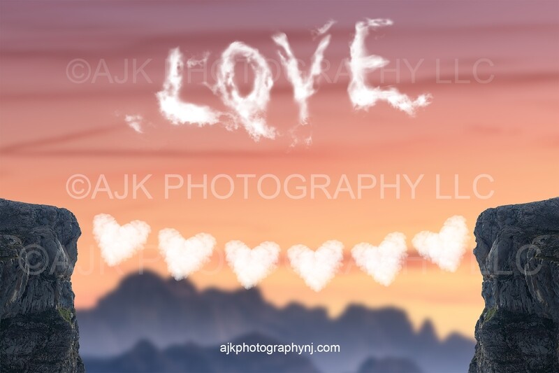 Valentine digital backdrop, heart cloud bridge, cloud hearts connecting 2 cliffs, clouds spelling love, beautiful sunset, digital background