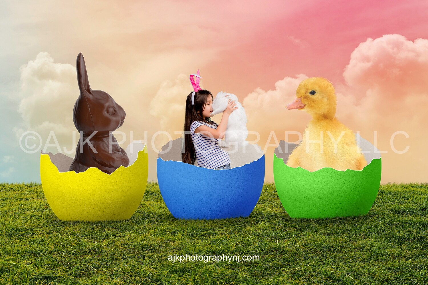 Easter digital background, chocolate bunnies and yellow chick inside cracked colored eggs, grassy field, pink sky digital backdrop