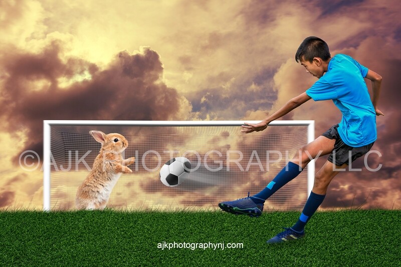 Easter digital background, Easter bunny soccer goalie, Easter egg shaped soccer ball, digital backdrop