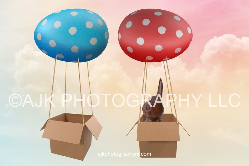 Easter digital background, Easter egg shaped hot air balloons, chocolate bunny, digital backdrop