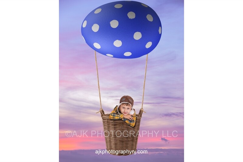 Blue polka dot egg hot air balloon, wicker basket, beautiful purple sky, Easter digital backdrop