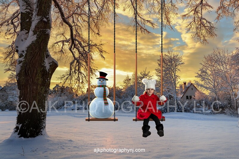Snowman and child on swings winter digital backdrop Snowman and child on swings winter digital backdrop