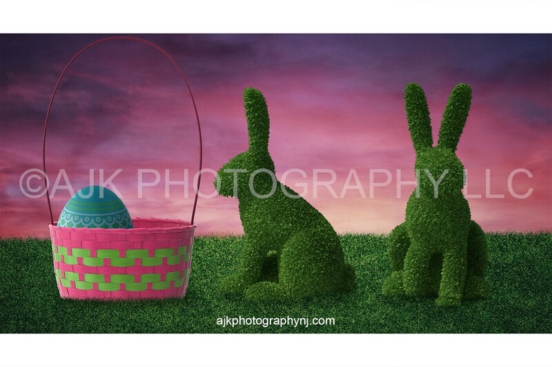 Easter digital background, giant Easter basket, giant Easter egg, giant topiary rabbits, digital backdrop