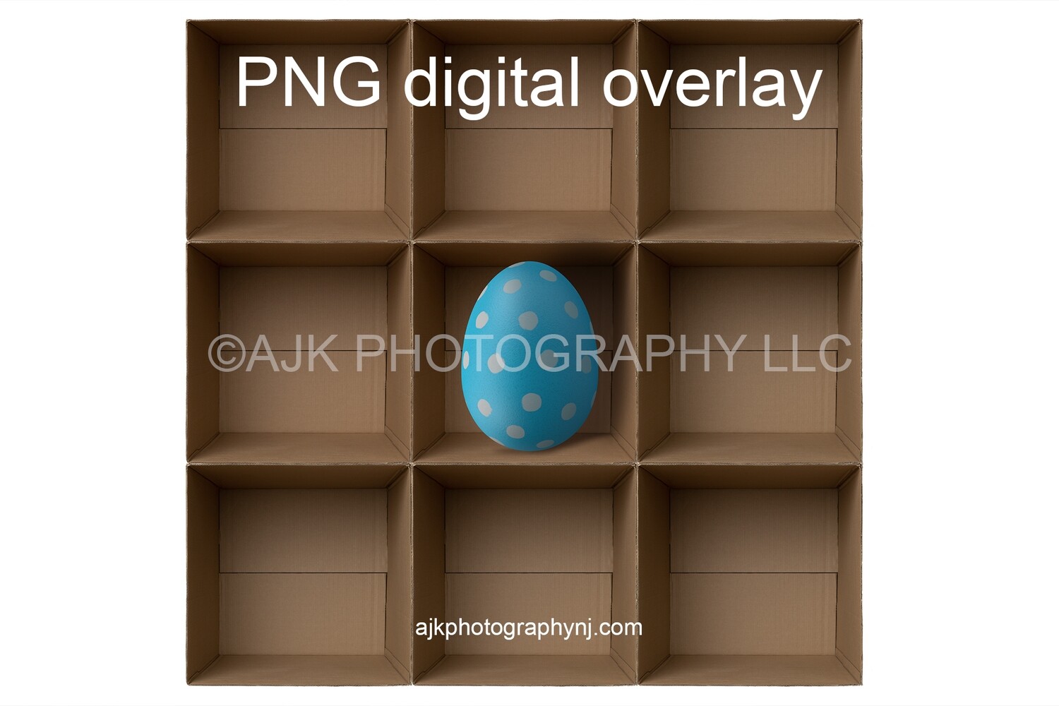 PNG overlay, 9 empty cardboard boxes template, giant Easter egg in center, Easter boxes, PNG Digital Overlay
