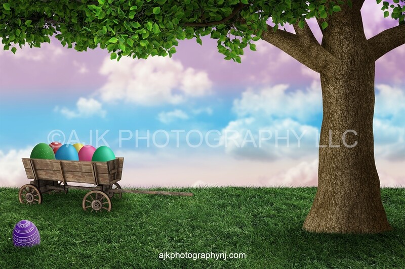 Easter digital background, giant Easter eggs in wood wagon, grassy field, rainbow sky, digital backdrop