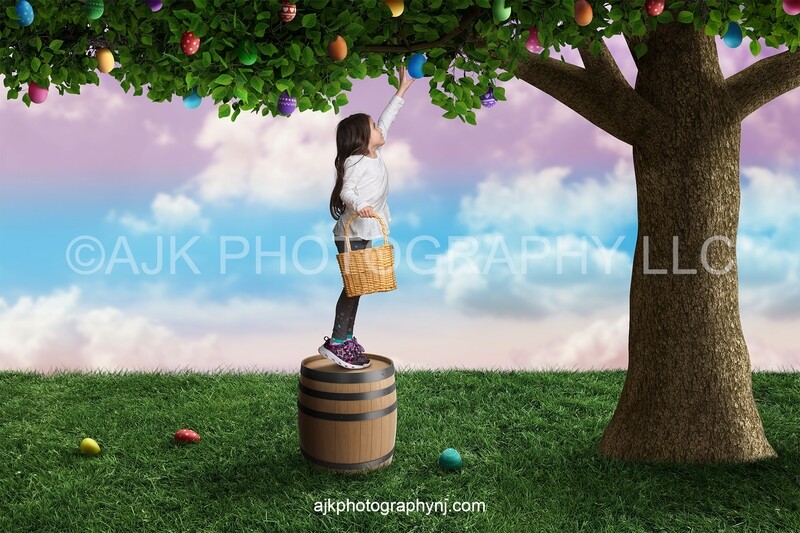Easter egg tree digital background, giant Easter eggs in a large tree, wooden barrel, grassy field, digital backdrop