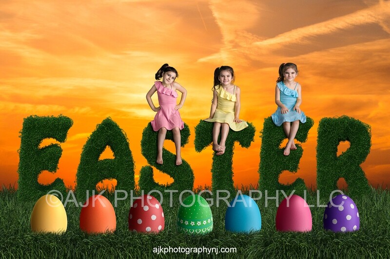 Easter digital background, giant bush letters spelling Easter, giant Easter eggs in a field, Easter bush letters, golden sky digital backdrop