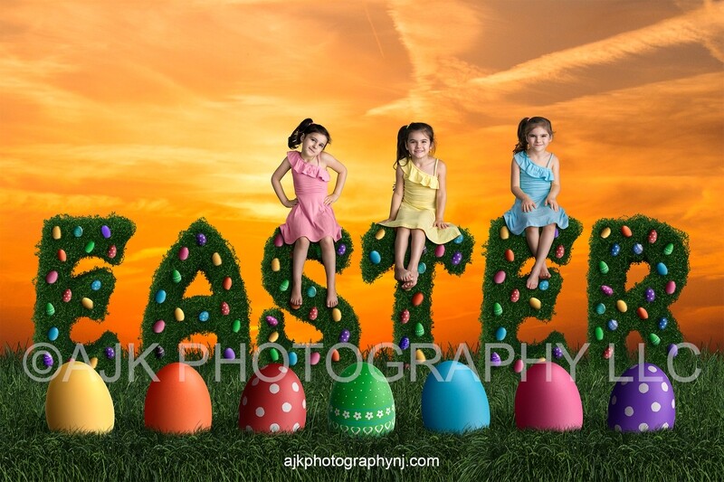 Easter digital background, giant bush letters spelling Easter with eggs inside, giant Easter eggs in a field, Easter bush letters, golden sky digital backdrop
