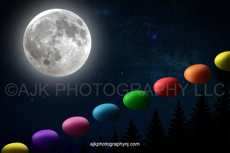 Easter digital background, giant Easter egg stairs, starry night sky, large moon, digital backdrop