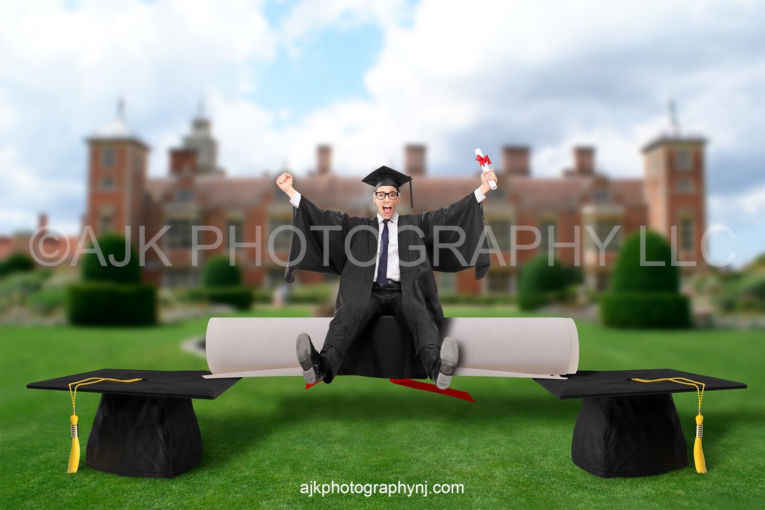 Graduation digital background, giant graduation cap and diploma, school digital backdrop