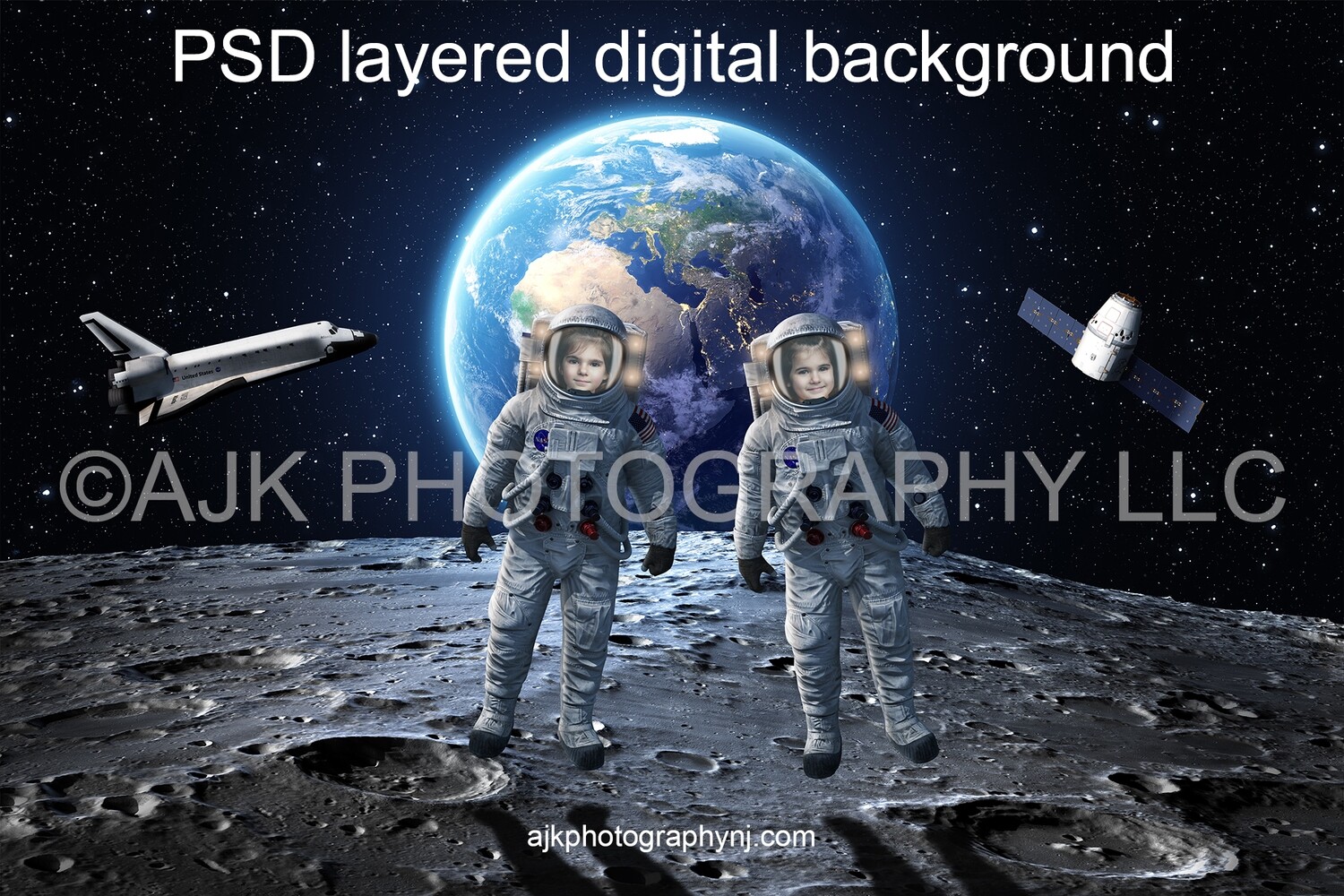 Astronaut digital background, two astronauts in outer space on the moon, with the Earth, space shuttle and satellite behind them