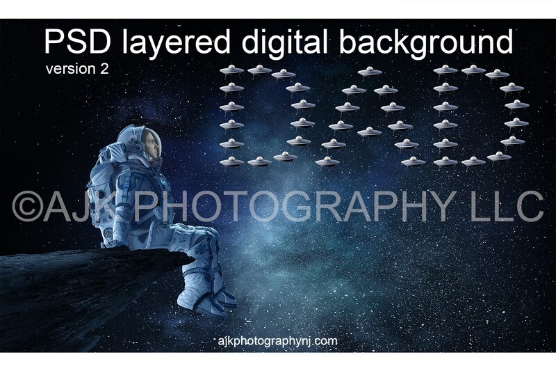 Father's Day digital background, astronaut sitting on asteroid in front of little spaceships spelling dad, astronaut digital backdrop version #2 Father's Day digital background, astronaut sitting on asteroid in front of little spaceships spelling dad, astronaut digital backdrop version #2