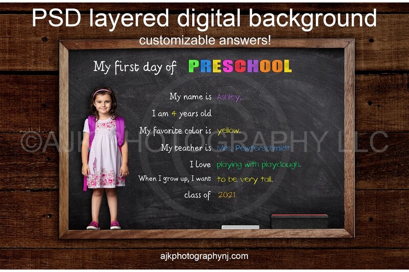 First day of preschool customizable PSD digital background, back to school backdrop, version # 2