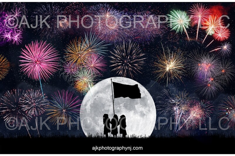 Fireworks in Moon Silhouette with Flag Digital Backdrop - Fourth of July, Independence Day, silhouette digital background