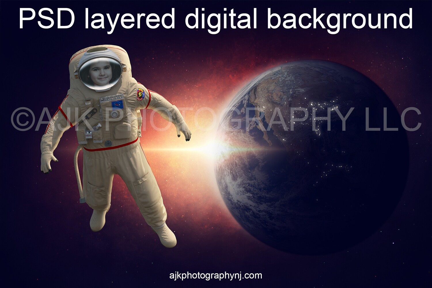 Astronaut digital background, one astronaut in outer space floating in front of the Earth and sun flare, digital backdrop