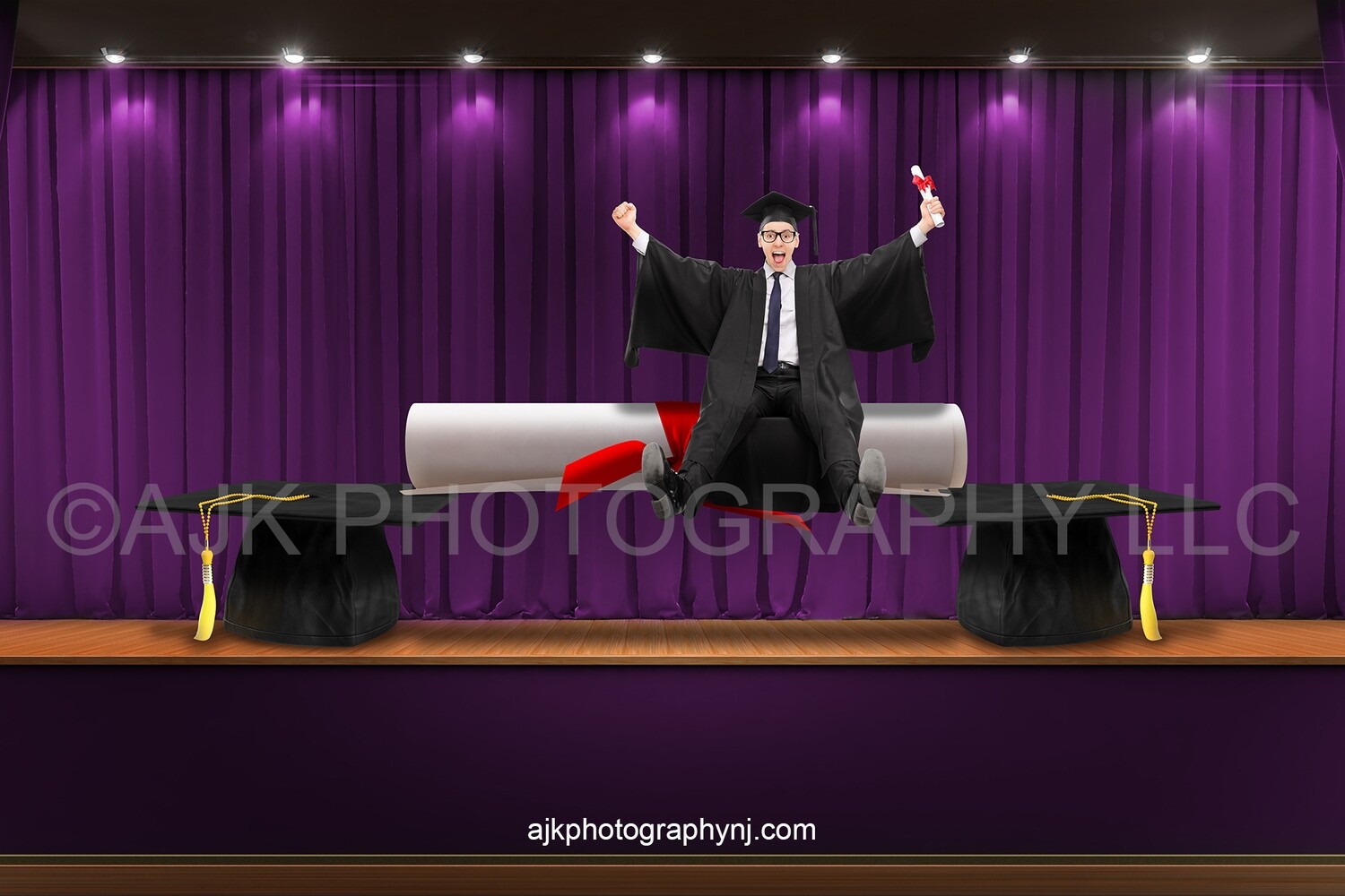 Graduation digital background, giant graduation caps and diploma, stage with purple curtains, school digital backdrop
