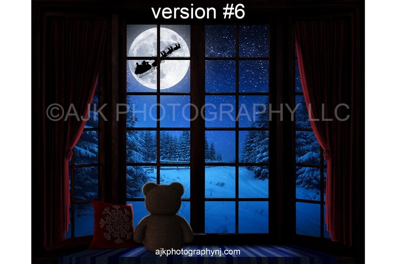 Christmas window digital background, Santa flying in sleigh across moon over woods at night, bay window, red pillow, teddy bear, digital backdrop version #6 Christmas window digital background, Santa flying in sleigh across moon over woods at night, bay window, red pillow, teddy bear, digital backdrop version #6