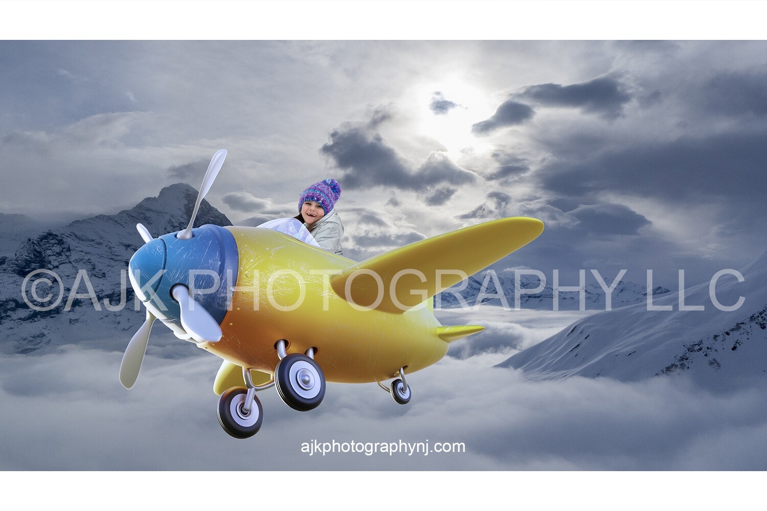 Airplane digital backdrop, yellow airplane flying over mountains digital background