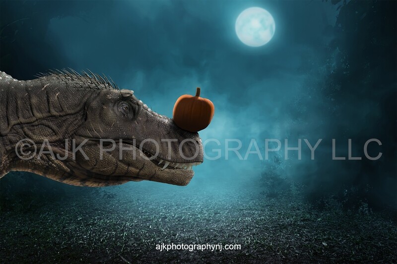 T Rex with pumpkin on it's nose Halloween digital background