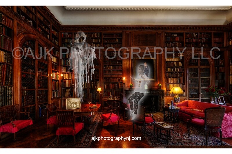 Ghost floating in haunted study Halloween digital backdrop