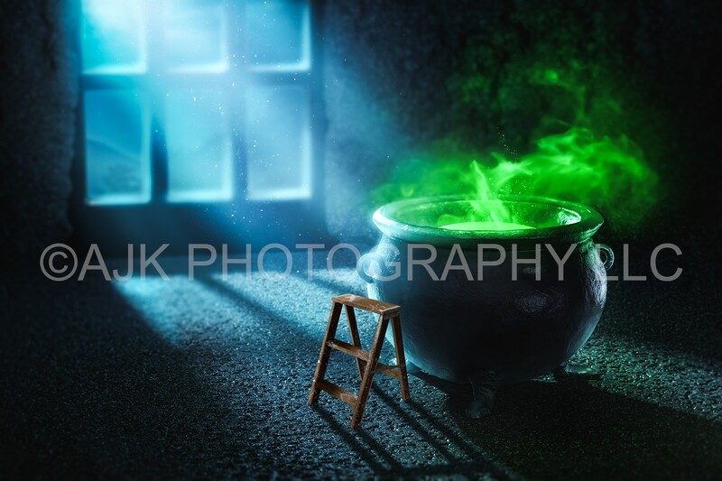 Miniature person on step ladder in front of witch's cauldron Halloween digital background
