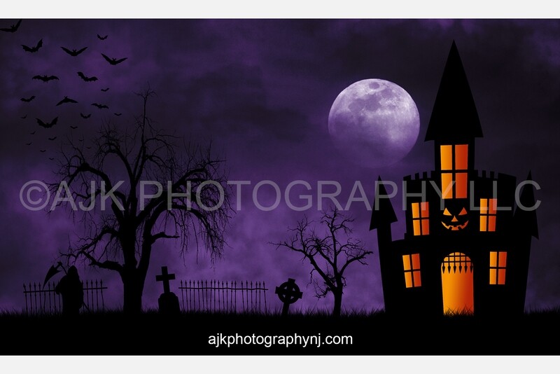 Spooky castle in cemetery purple sky Halloween digital background
