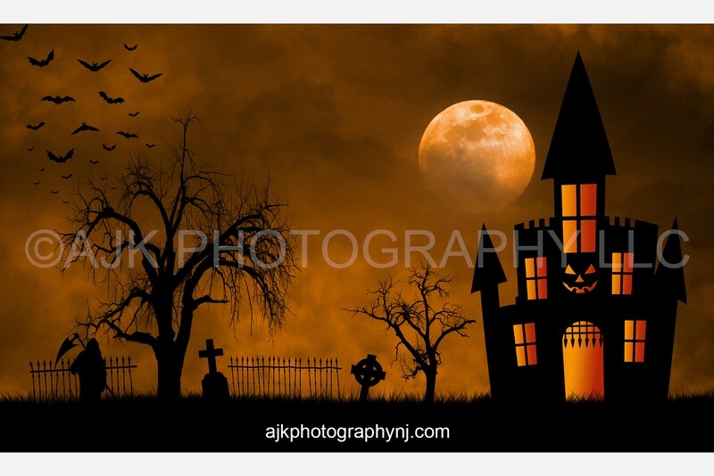 Spooky castle in cemetery orange sky Halloween digital background