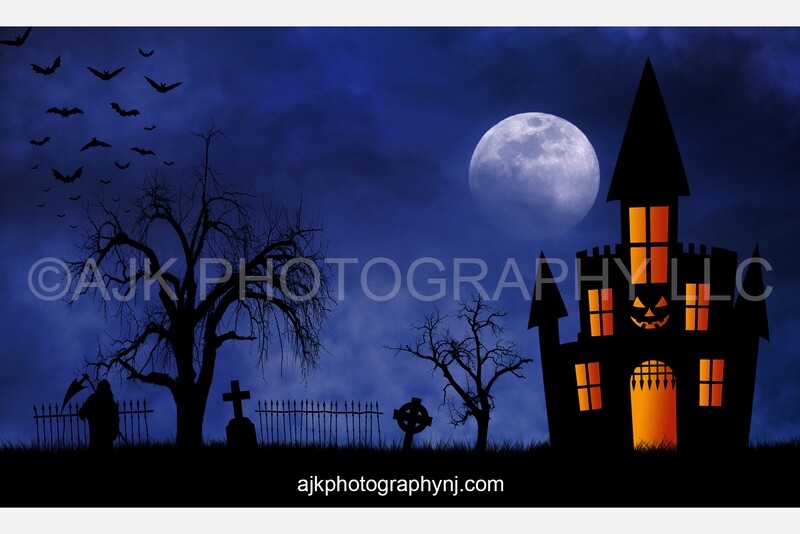 Spooky castle in cemetery blue sky Halloween digital background