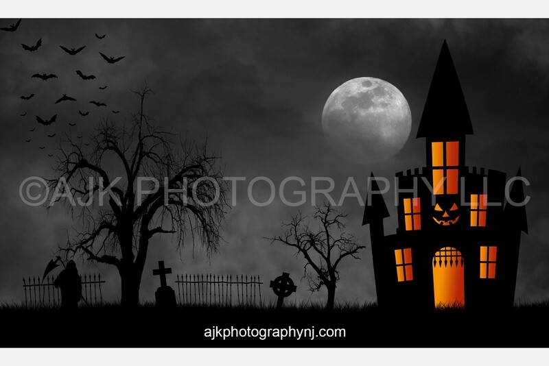 Spooky castle in cemetery gray sky Halloween digital background