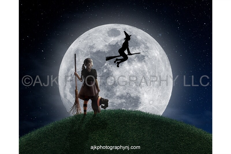 Witch on broomstick flying across moon over hill Halloween digital background